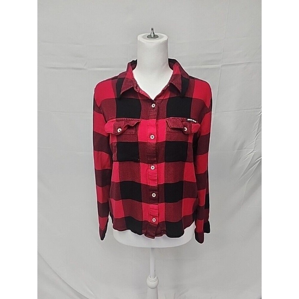 DKNY Jeans Red Black Flannel Button Up Top  buffalo plaid  M